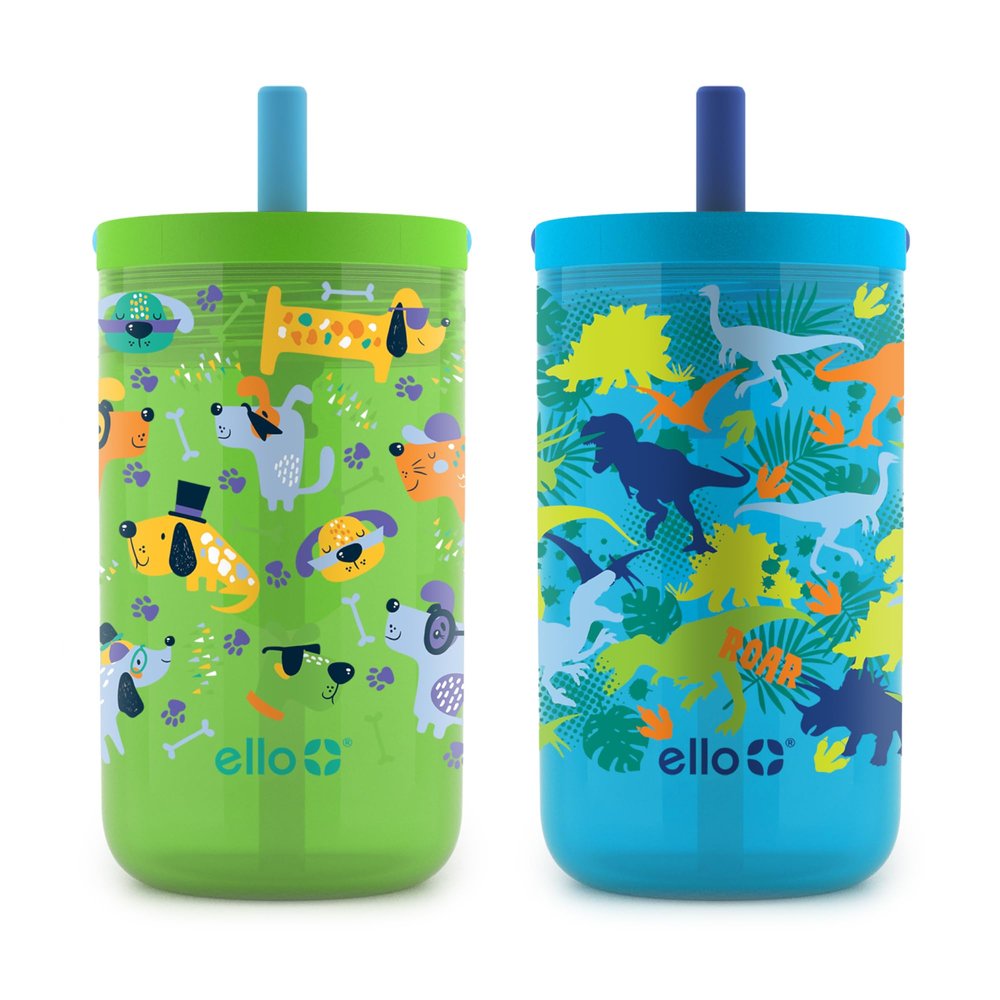 Ello Bop 2-Pack 12oz Kids Plastic Tumbler Set with Carry Loop | Leak-Proof Slider Lid | Removable Spill Resistant Soft Straw | BPA-Free | Dogs and Dinos