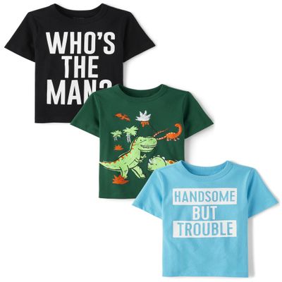 The Children's Place,Baby Boys,and Toddler Dinos Short Sleeve Graphic T-Shirts,Multipacks,Handsome Trouble/Dinos/The Man 3-Pack,2 Years