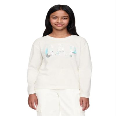 GAP Girls Sequin Logo Long Sleeve Tee New Off White M
