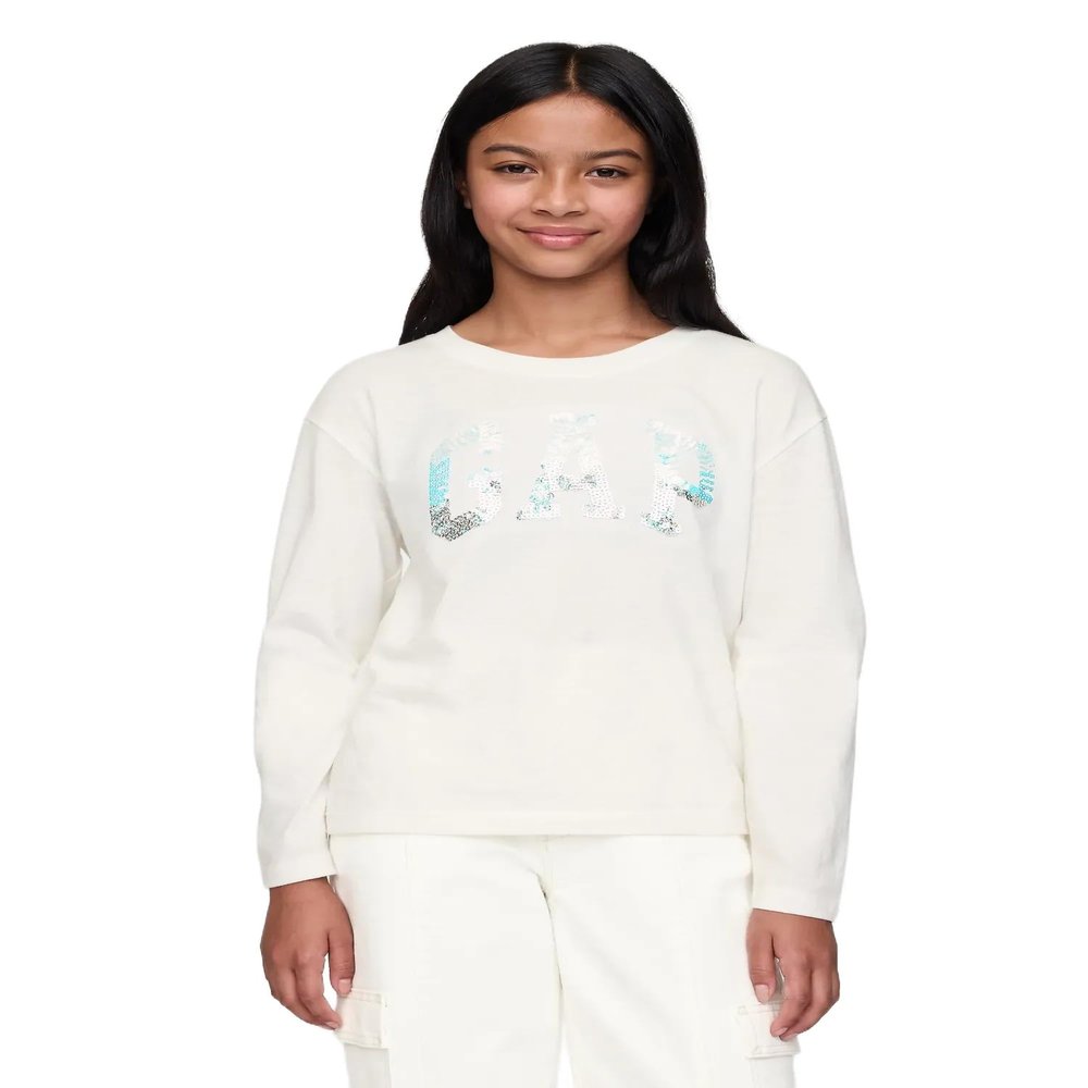 GAP Girls Sequin Logo Long Sleeve Tee New Off White M