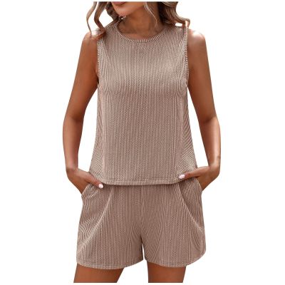 NineFit Basics Two Piece Sets for Women Sweatsuits Summer Sleeveless Tank Tops and Shorts Casual Knit Cotton Workout Sets Tracksuits, X-Large, Khaki