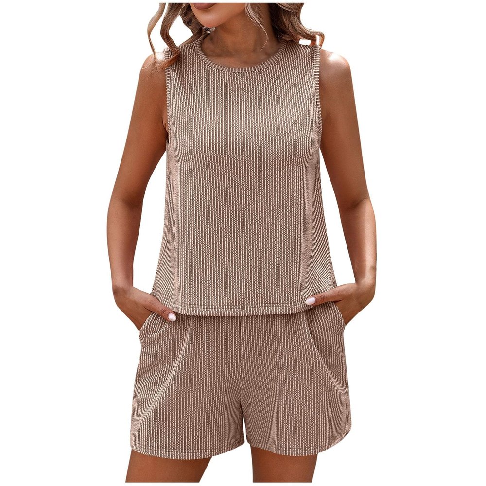 NineFit Basics Two Piece Sets for Women Sweatsuits Summer Sleeveless Tank Tops and Shorts Casual Knit Cotton Workout Sets Tracksuits, X-Large, Khaki