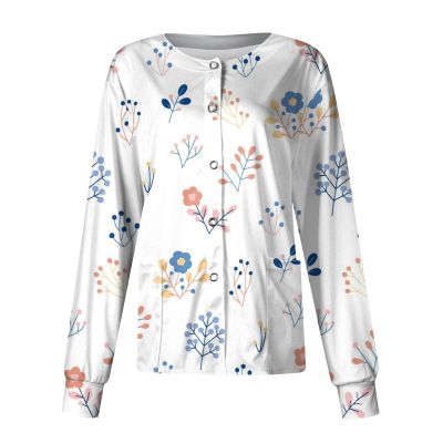 Printed Scrub Jackets for Woman Print Long Sleeve Plus Size Womens Scrubs for Women Nursing Jacket with Pockets White XL