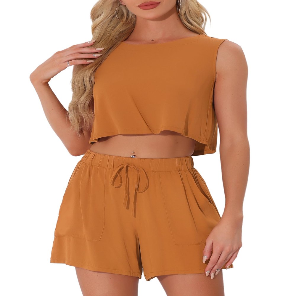 Allegra K 2 Piece Outfits for Women's Summer Sleeveless Crop Top Tank and High Waisted Casual Shorts Sets X-Small Caramel