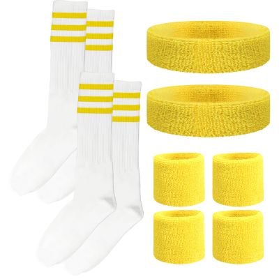 10 Pieces Striped Sweatbands and Striped Socks Set Headbands Wrist Sweat Bands for Men and Women Sports 80s 90s Fitness (Yellow)