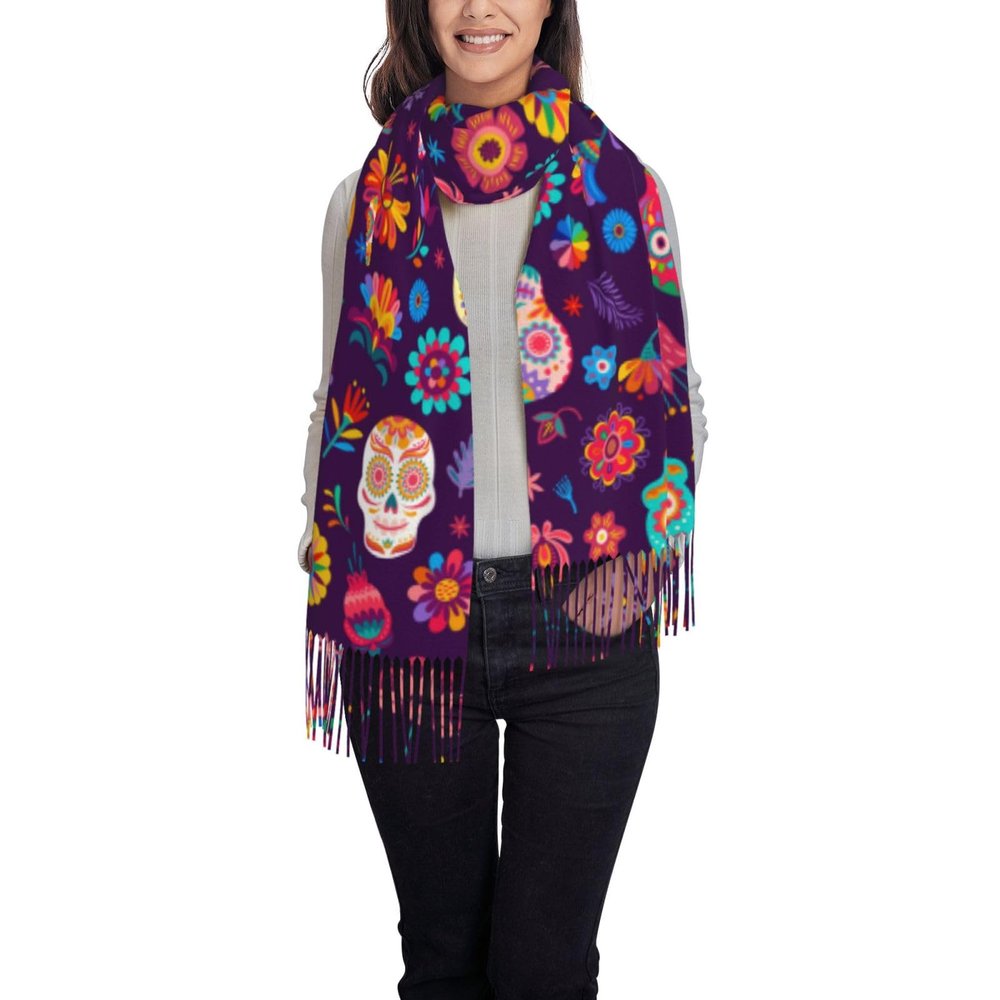 DKJlitter Women's Scarf Dia de los muertos mexican pattern Cashmere-Feel Scarves Pashmina Shawls and Wraps for Wedding Party