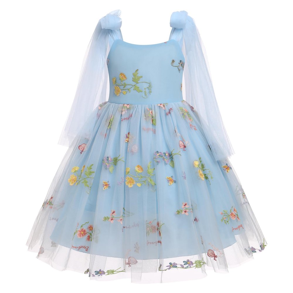 1st Birthday Girl Dress Baby Blue Floral Embroidery Tulle Dress Sleeveless Spaghetti Straps Dress Toddler Wedding Party Princess Dresses Blue 6-12 Months
