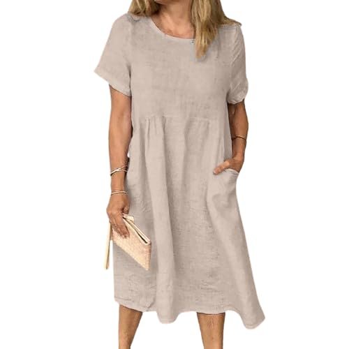 Women Summer Cotton Linen Short Sleeve Midi Tshirt Dress Crew Neck Pleated Plus Size Casual Beach Shift Tunic Dress with Pocket Apricot