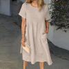 Women Summer Cotton Linen Short Sleeve Midi Tshirt Dress Crew Neck Pleated Plus Size Casual Beach Shift Tunic Dress with Pocket Apricot view 2