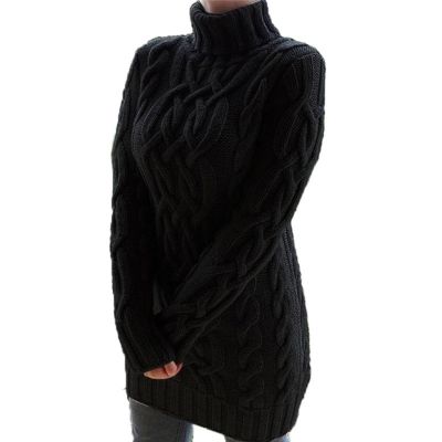 Women High Neck Long Sleeve Oversized Cable Knit Chunky Pullover Midi Dress Slim Fit Ribbed Short Sweater Dresses (Large,Black)