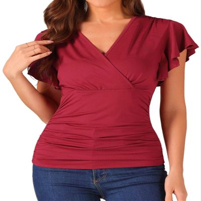 Allegra K Ruched Tops for Women Ruffle Sleeve V Neck Cinched Waist Slim Fit Wrap Shirts Casual Summer Tops Blouses X-Large Dark Red