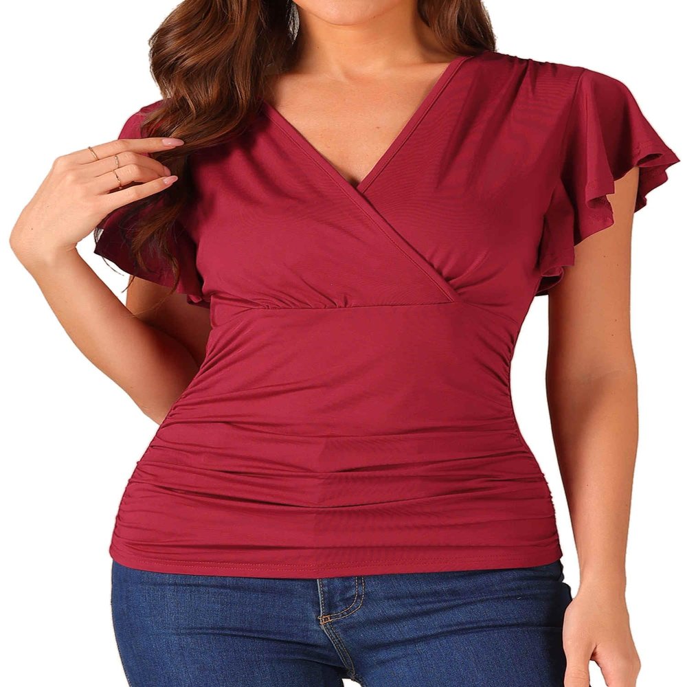 Allegra K Ruched Tops for Women Ruffle Sleeve V Neck Cinched Waist Slim Fit Wrap Shirts Casual Summer Tops Blouses X-Large Dark Red