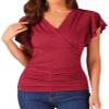 Allegra K Ruched Tops for Women Ruffle Sleeve V Neck Cinched Waist Slim Fit Wrap Shirts Casual Summer Tops Blouses X-Large Dark Red view 1