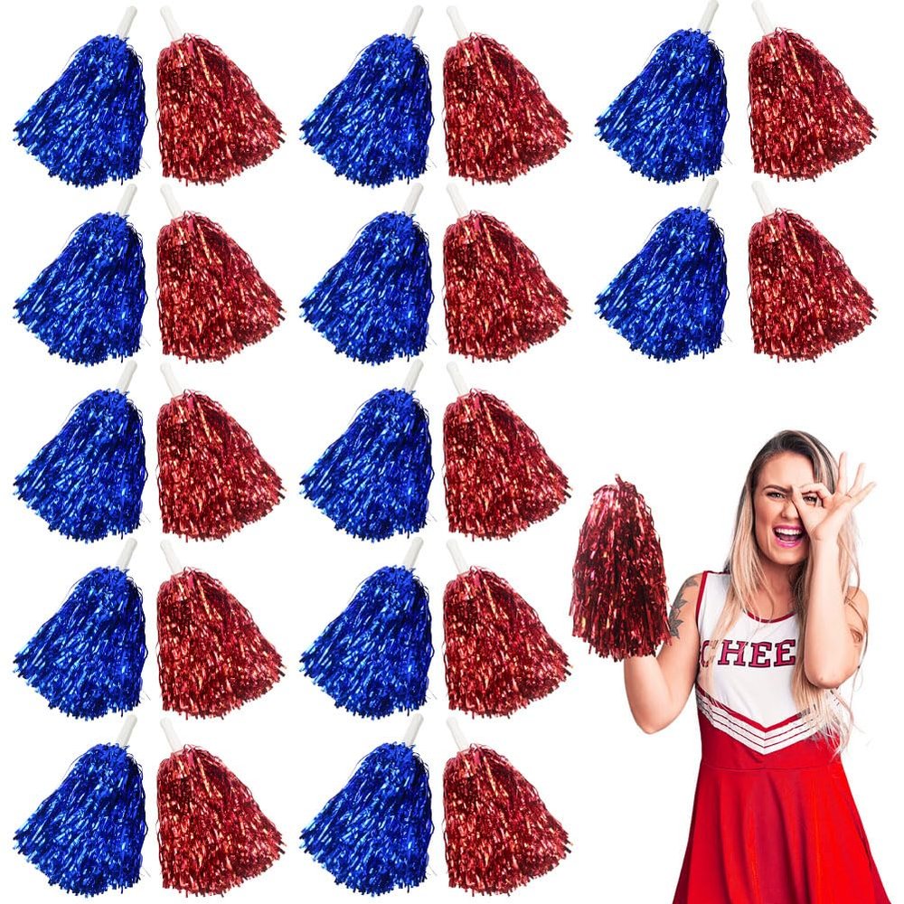 Lovecheer 24PCS Red and Blue Metallic Cheer Pom Poms with Handle for Sports Spirit Party Team Games Cheering Squad Dancing