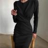 Women's Long Sleeve Work Dresses Office Business Pencil Bodycon Dress Cocktail Party Plus Size Round Neck Pencil Dress (XX-Large,Black) view 4