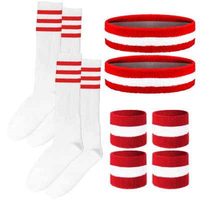 10 Pieces Striped Sweatbands and Striped Socks Set Headbands Wrist Sweat Bands for Men and Women Sports 80s 90s Fitness (Red, White, Red)