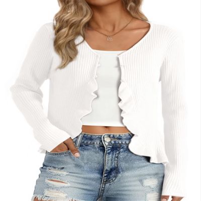 Allegra K Ruffle Cardigan for Women's V Neck Long Sleeve Open Front Sweater Knit Bolero Shrugs Small White