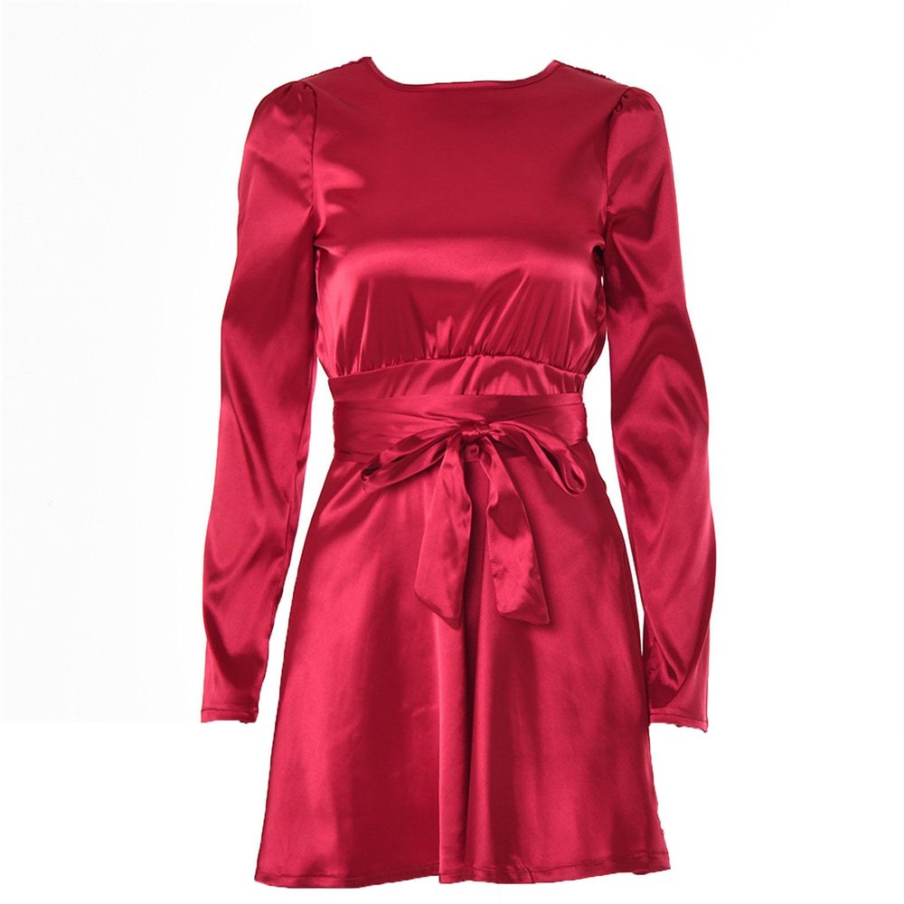 NineFit Basics Women's 2024 Spring Satin Dress Long Sleeve Tie Waist Elegant Cocktail Mini Dresses Smocked Wiast Ruffle Swing Dress (Medium,Red)