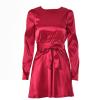 NineFit Basics Women's 2024 Spring Satin Dress Long Sleeve Tie Waist Elegant Cocktail Mini Dresses Smocked Wiast Ruffle Swing Dress (Medium,Red) view 1