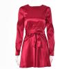 NineFit Basics Women's 2024 Spring Satin Dress Long Sleeve Tie Waist Elegant Cocktail Mini Dresses Smocked Wiast Ruffle Swing Dress (Medium,Red) view 2