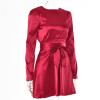 NineFit Basics Women's 2024 Spring Satin Dress Long Sleeve Tie Waist Elegant Cocktail Mini Dresses Smocked Wiast Ruffle Swing Dress (Medium,Red) view 3