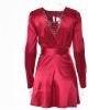 NineFit Basics Women's 2024 Spring Satin Dress Long Sleeve Tie Waist Elegant Cocktail Mini Dresses Smocked Wiast Ruffle Swing Dress (Medium,Red) view 4