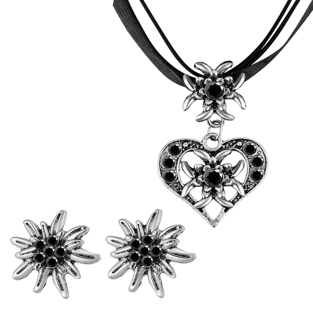 YOGOTEU Fashion Earrings,Fashionable Heart Pendant Necklace Edelweiss Earrings Set for Women Ribbon Cord Choker Oktoberfest Party Banquets Jewelr, Black