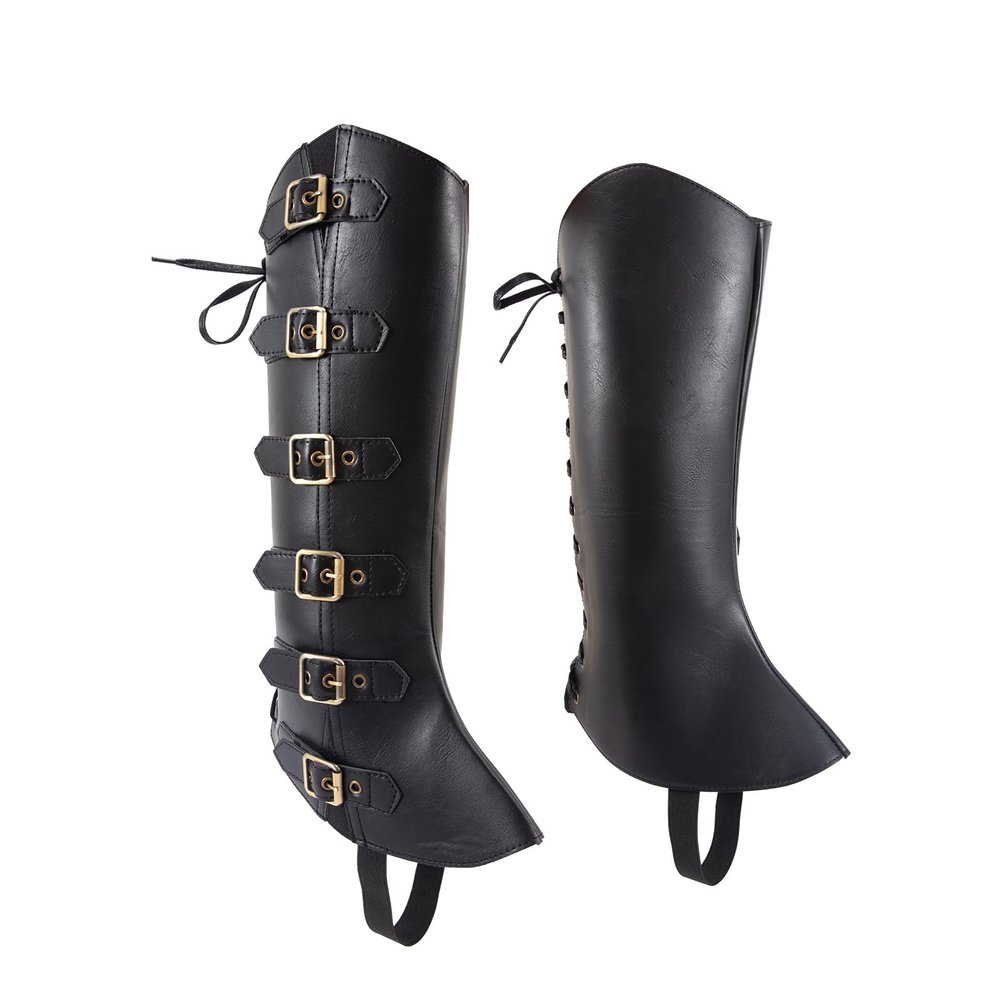 Pirate Boot Covers Pirate Costume Viking Jedi Medieval Boot Covers, Costume Steampunk Renaissance Cover Men Medieval Leg PU Leather Leg Guards Shoe Cover Black