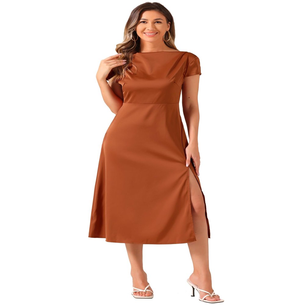 Allegra K Satin Dress for Women's Cowl Neck Cap Sleeve Backless Twist Split Midi Cocktail Dress Large Brown