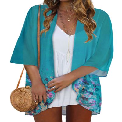 Kimonos for Women Beach Cover up Summer Tops Floral Cardigan Hawaiian Shirts Open Front Resort Wear (Blue Green Flowers,XL)