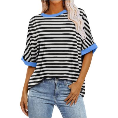 2024 Summer Womens Striped Color Block Tops Fashion Y2K Tees Shirts Casual Short Sleeve Crewneck Pullover Blouses