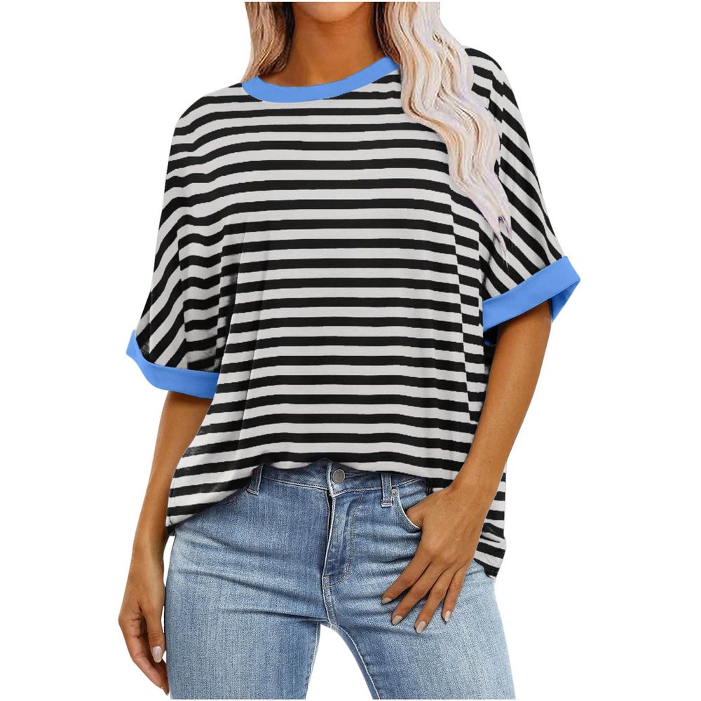 2024 Summer Womens Striped Color Block Tops Fashion Y2K Tees Shirts Casual Short Sleeve Crewneck Pullover Blouses