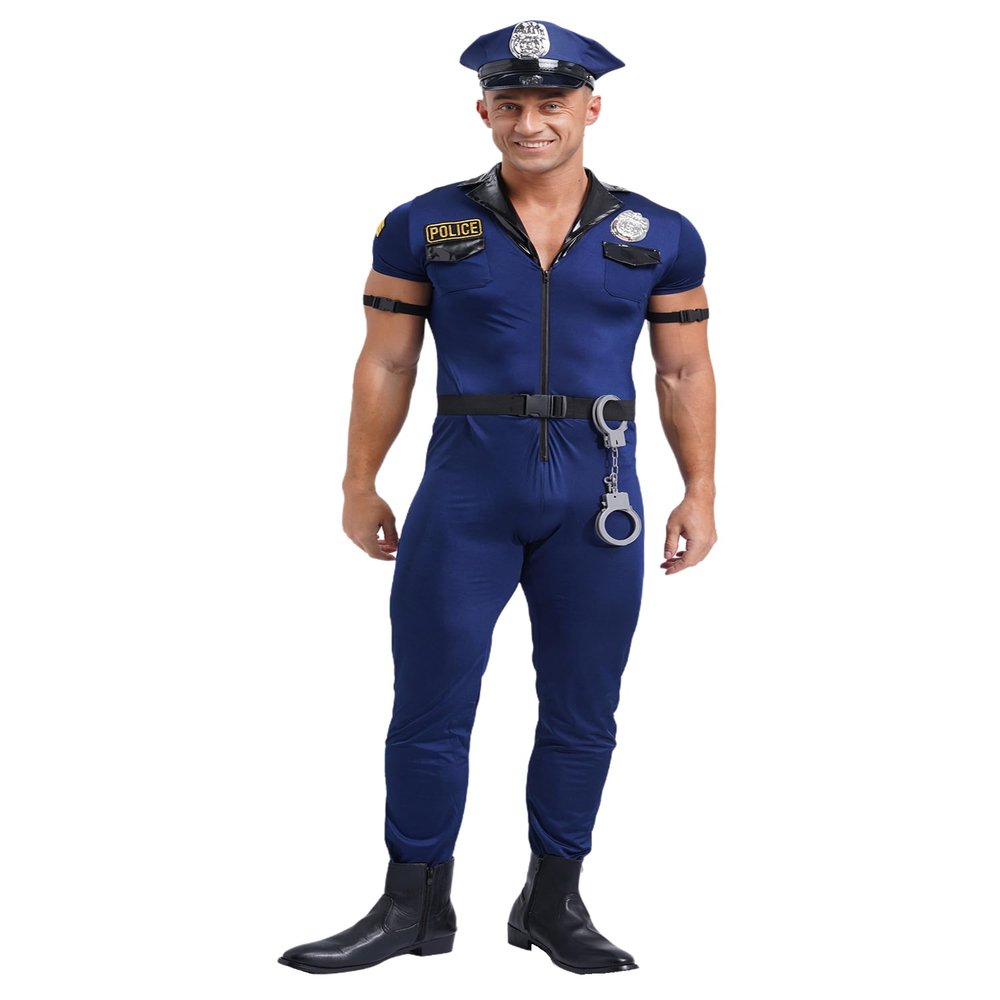 Freebily Men's Police Uniform Jumpsuit Short Sleeve Cop Officer Costumes Outfits for Halloween Blue Medium