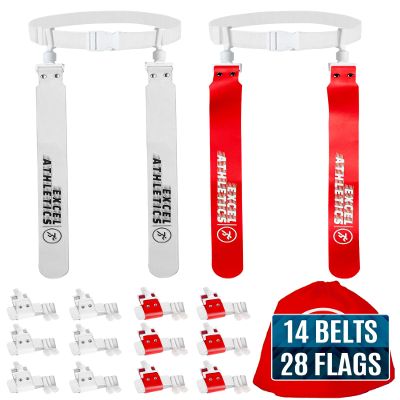 Excel Athletics Adjustable Flag Football Set Youth, Kids & Adult with 14 Player Belts & 28 Football Flags (Red & White)