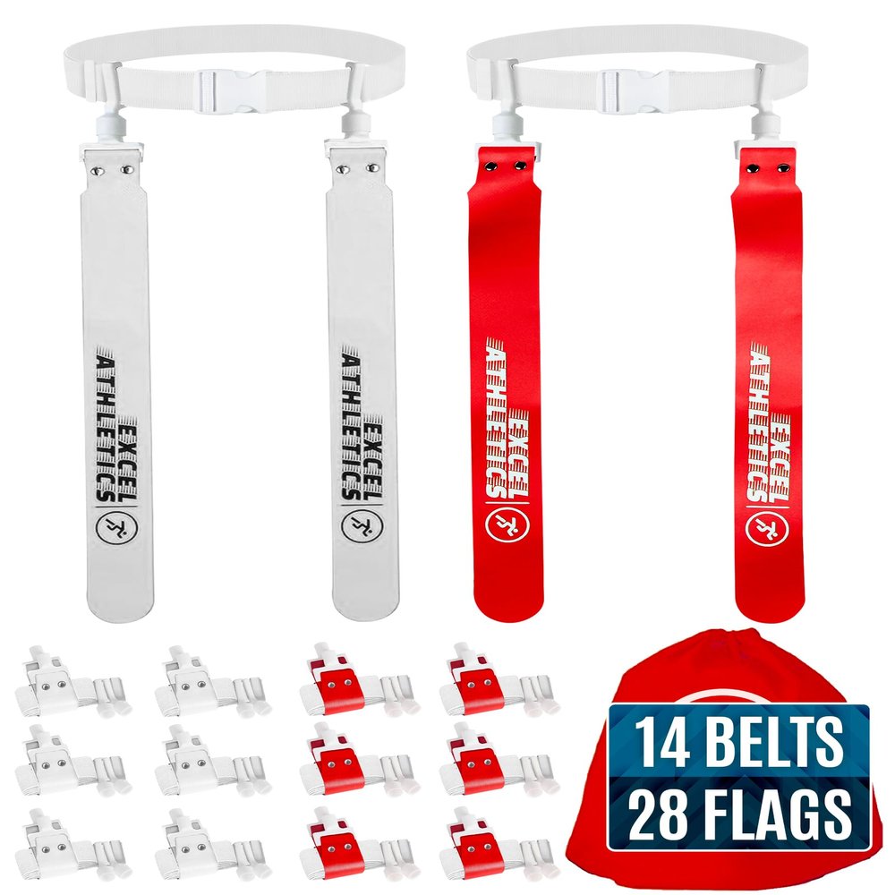 Excel Athletics Adjustable Flag Football Set Youth, Kids & Adult with 14 Player Belts & 28 Football Flags (Red & White)