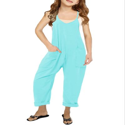 Cnkwei Girls' Casual Sleeveless Jumpsuits Spaghetti Strap Loose Romper Long Pants with Pockets