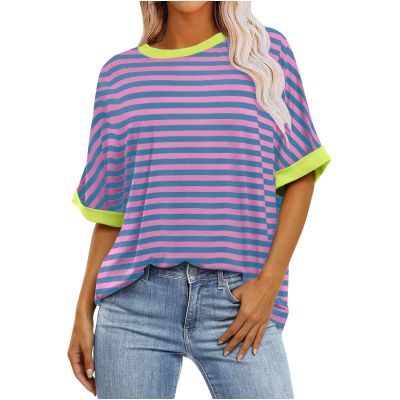 2024 Summer Womens Striped Color Block Tops Fashion Y2K Tees Shirts Casual Short Sleeve Crewneck Pullover Blouses