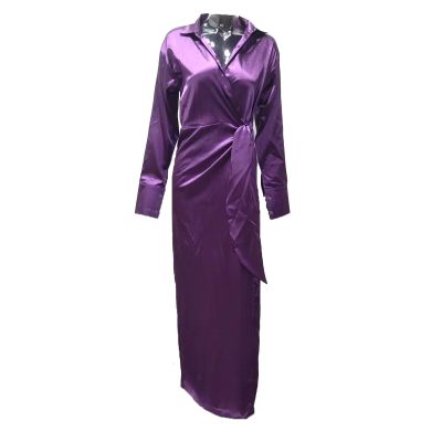 Women's One Shoulder Long Sleeve Cocktail Dress Sexy High Slit Scoop Neck Ruched Bodycon Wedding Party Long Maxi Dresses (Large,Purple)