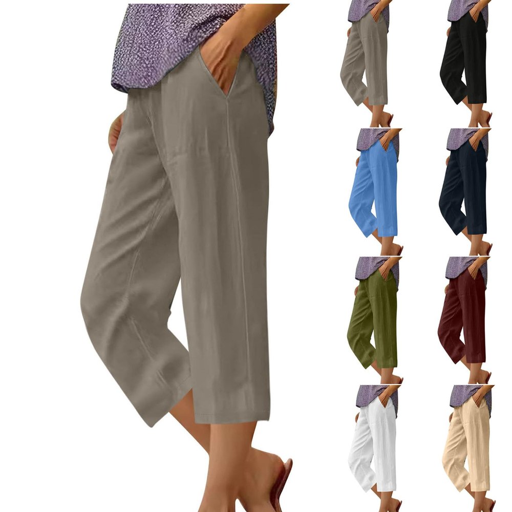 zcgoxvn Linen Capris for Women Trendy Summer Pants Casual Capri Pants with Pocktes Elastic Straight Leg Pants Lounge Trousers, Pantalones Capri para Mujer