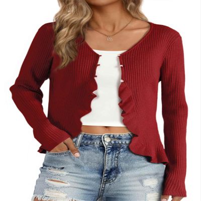 Allegra K Ruffle Cardigan for Women's V Neck Long Sleeve Open Front Sweater Knit Bolero Shrugs Large Dark Red
