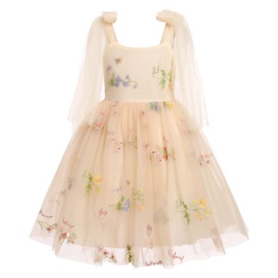 Embroidered Flower Girl Dress Toddler Sleeveless Spaghetti Straps Floral Embroidered Dress Baby Girl Dress Wedding Birthday Formal Party Photoshoot Tulle Dresses Apricot 6-12 Months