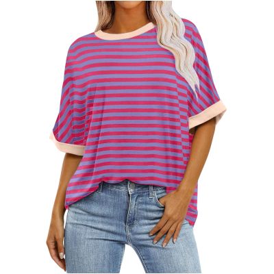 2024 Summer Womens Striped Color Block Tops Fashion Y2K Tees Shirts Casual Short Sleeve Crewneck Pullover Blouses