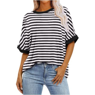 2024 Summer Womens Striped Color Block Tops Fashion Y2K Tees Shirts Casual Short Sleeve Crewneck Pullover Blouses