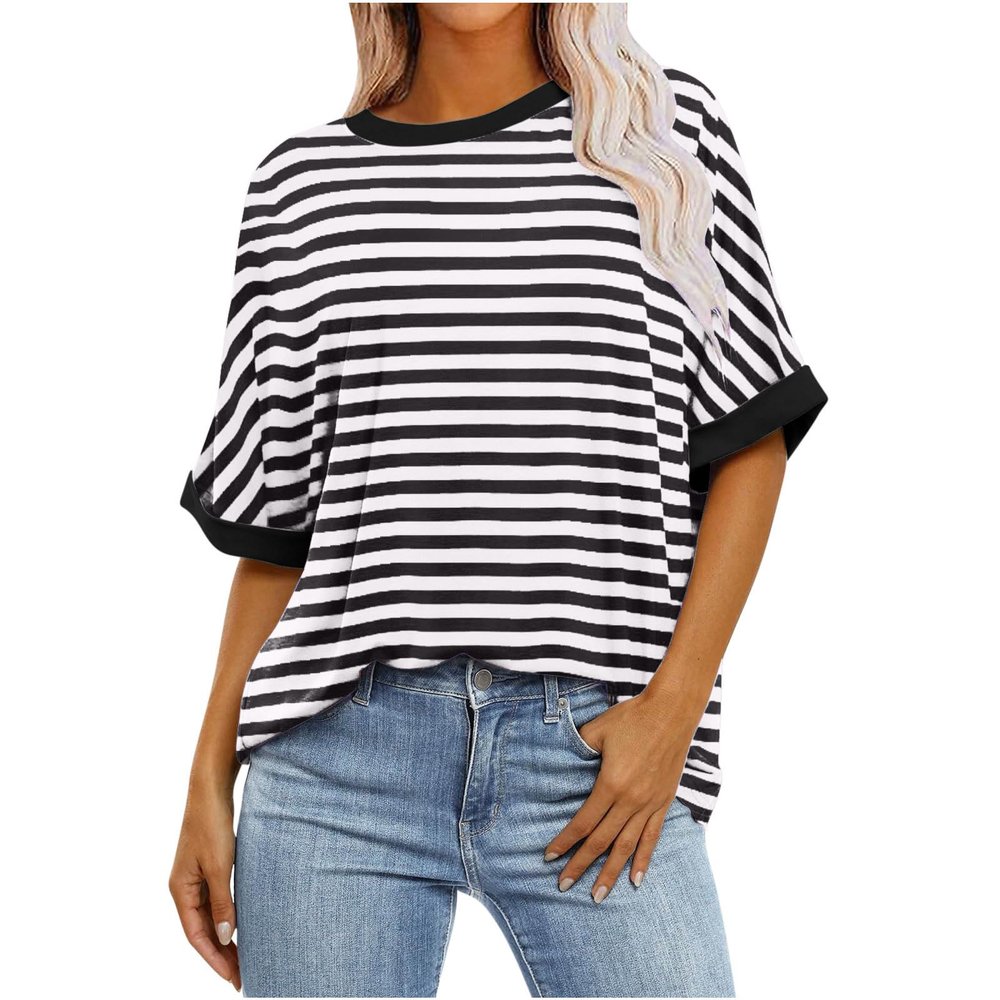 2024 Summer Womens Striped Color Block Tops Fashion Y2K Tees Shirts Casual Short Sleeve Crewneck Pullover Blouses