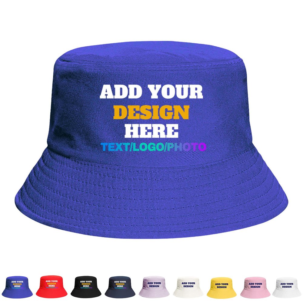 Custom Bucket Hat with Text/Name/Photo,Personalized Fisherman Hat for Women Men Travel Beach Sun Hat (Polyester, Blue)