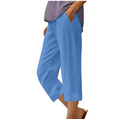 zcgoxvn Linen Capris for Women Trendy Summer Pants Casual Capri Pants with Pocktes Elastic Straight Leg Pants Lounge Trousers, Summer Capri Pants for Women 2024 Casual Work Pants