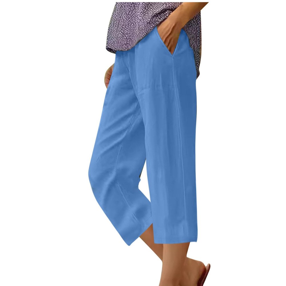 zcgoxvn Linen Capris for Women Trendy Summer Pants Casual Capri Pants with Pocktes Elastic Straight Leg Pants Lounge Trousers, Summer Capri Pants for Women 2024 Casual Work Pants