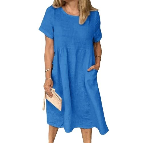 Women Summer Cotton Linen Short Sleeve Midi Tshirt Dress Crew Neck Pleated Plus Size Casual Beach Shift Tunic Dress with Pocket Blue
