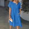 Women Summer Cotton Linen Short Sleeve Midi Tshirt Dress Crew Neck Pleated Plus Size Casual Beach Shift Tunic Dress with Pocket Blue view 2