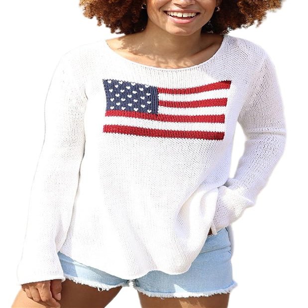 Women American Flag Sweater 4th of July Patriotic Pullover Sweatshirt Knitted USA Independence Day Top(B 66 White,L)